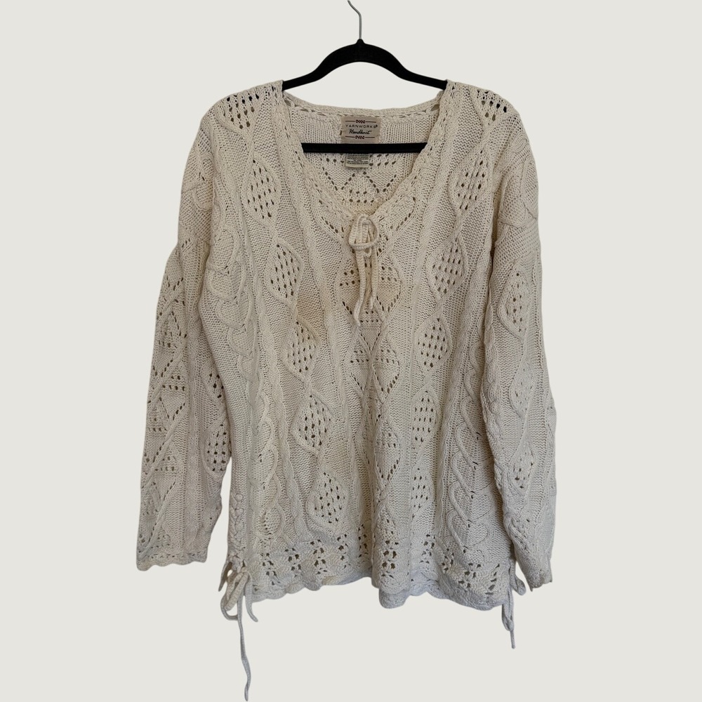 Yarnworks Vintage XL Handmade Cable Knit Sweater in Cream Ramie Cotton Cottage